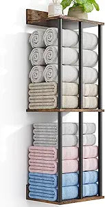 Towel Racks for Bathroom Wall Mounted with Wooden Storage Shelf, Updated 3 Bar Metal Towel Holder for Rolled Towels, Sturdy and Large Capacity, Towel Storage Organizer