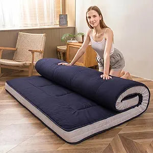 MAXYOYO Futon Mattress, Padded Japanese Floor Mattress Quilted Mattress Topper, Extra Thick Folding Sleeping Pad Breathable Floor Lounger Guest Couch for Camping, Navy, Full