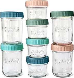 Mason Bottle Breast Milk Storage Jars (4oz & 8oz, 8-Pack) Reusable Glass Breastmilk Storage Jar & Baby Food Containers with Lid & Breast Milk Storage, Airtight, Stackable, Freezable (Deep Ocean)