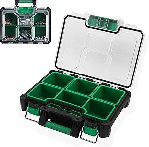 SK 13.5-Inch Small Part Organizer, Stackable Tools Box Organizer with 7 Compartments and Removable Dividers, Transparent Lid, Waterproof & Impact-Resistant Design, for Small Tools and Accessories