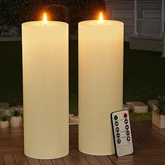 BUTHY 12" x 4" Large Outdoor Candles with Timer Waterproof Flickering LED Flameless Candles Battery Operated with Remote Fake Pillar Candles Realistic for Patio Porch Lanterns, Ivory 2 Pack