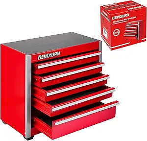 Geinxurn 5-Drawer Rolling Red Tool Box, Heavy Duty Micro Roll Cab Steel Stackable Tool Chest with Lockable Drawers, Large Capacity Tool Cabinet for Garage, Workshop, Truck