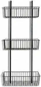 3-Tiers Over the Door Organizer with Basket, Metal Hanging Door Organizer with Height-Adjustable Wire Storage Basket for Pantry, Kitchen & Bathroom