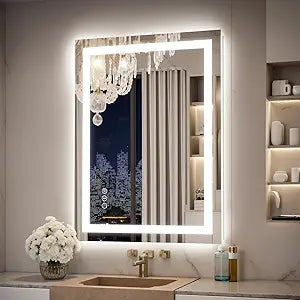 24x32 LED Bathroom Mirror with Lights Anti-Fog, Dimmable, Backlit & Front Lit Lighted Vanity Mirror for Wall Smart Bathroom Mirror with Memory Function, Shatterproof Tempered Glass