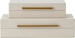 Set of 2 Beige Shagreen Decorative Storage Boxes with Gold Metal Handles Faux Leather Jewelry & Memory Boxes, Nesting Photo Organizers for Home Decor