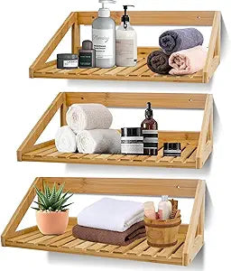 Floating Shelves Wall Mounted, 3 Pcs Solid Bamboo Wall Hanging Rack Holder, Wall Storage Shelves for Bedroom, Living Room, Bathroom, Kitchen, Office Decor