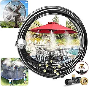 Pre-Assembled Misting Kit, 75FT Misting Line + 27 Brass Mist Nozzles + Brass Adapter(3/4") Outdoor Mister for Patio, Garden, Greenhouse, Trampoline, Sprinkler