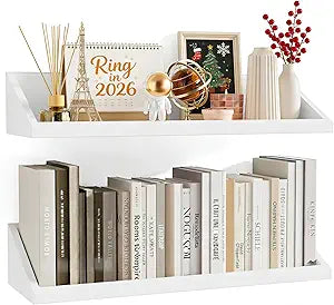 SRIWATANA Floating Shelves Large Set of 2, 24 Inch Wide Wall Shelves Wood Shelves Wall Mounted for Decor in Bedroom, Living Room, Bathroom, Kitchen, and Office (White)