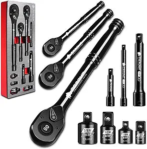 zhax 10-Piece Ratchet Set, 1/4, 3/8, 1/2 Drive 90-Tooth Ratchets & Accessories, Quick Release Reversible Ratchet Wrenches with Extension Bars & Socket Adapters for Repairing Home DIY