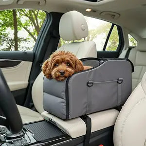 Center Console Dog Car Seat for Small Dogs Under 13LBS Grey | 3-in-1 pet car seat, breathable cat backpack, foldable carrier, anti-collapse center console booster, washable, safety leash