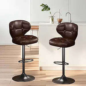 Bar Stools Set of 2, Adjustable Swivel Bar Chairs with Backrest and Footrest, Modern PU Leather Upholstered Counter Height Stools for Kitchen Island, Bar, Dining Room Brown