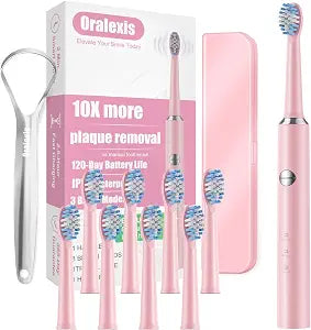 Electric Toothbrush for Adults and Kids, with 8 Brush Heads and Tongue Scraper, 2 Minute Smart Timer, One Fast Charge Last 120 Days, 40000 VPM Deep Clean, Sonic Travel Toothbrush - Rose