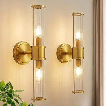 Brushed Gold Wall Sconces Set of 2, Modern Bathroom Vanity Light Fixture with Clear Glass Shades, Hardwired Brass Wall Mounted Lamp for Over Mirror, Hallway, Bedroom (E12 Bulbs Not Included)
