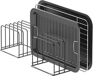 KORRTFID Kitchen Cabinet Organizer, Steel Cookware Holder, Divided Holder with 5 Slots for Skillets Baking Tray and Chopping Board Rack - Baking Pan Holder Storage (2 PCS)