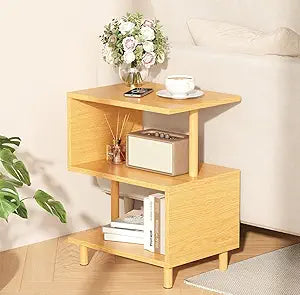 Apicizon S-Shaped Side Table, 3-Tier Nightstand with Solid Wood Legs, Slim Bedside Table with Storage Shelf, Modern End Table for Small Spaces, Bedroom, Living Room, Entryway, Natural