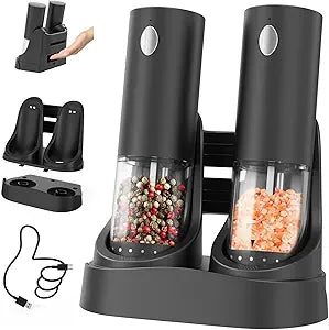 CIRCLE JOY Electric Salt and Pepper Grinder Set Automatic Salt and Pepper Grinder Set with Easy-to-Carry Charging Base and LED Light, USB Rechargeable, Upgrade External Adjustable Coarseness