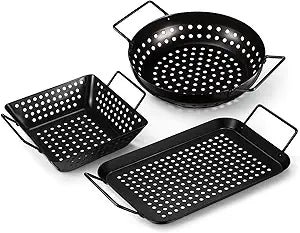 3 Pack Grill Topper Pans for Outdoor Grill, Stainless Steel Vegetables BBQ Grilling Basket with Holes Handles, Nonstick Barbecue Pan Grilling Gifts for Camping Picnic Cooking Seafood Meat