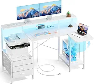 HLDIRECT 55 Inch Computer Desk for Home Office, Gaming Computer Desk with Printer Shelf, Storage Drawers, Power Outlets, Monitor Stand & LED Strip, Foldable L Shaped Gaming Table (White)