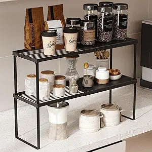Magheo Expandable Cabinet Shelf Organizer, 2 Pack Stackable Kitchen Counter Shelf Riser, Metal Spice Rack Heavy Duty Countertop Organizer Storage for Kitchen, Pantry, Cupboard, Rv (8.7in Height,Black)