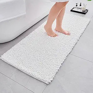 Bathroom Rugs Non Slip Washable 44x24, Extra Thick Soft Chenille Absorbent Bath Mat, High Density Barrier Non Slip Backing, Quick Dry Plush Shaggy Floor Carpet for Tub&Shower, White