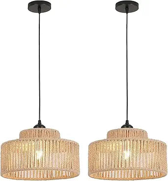 Rattan Pendant Light Set of Two,12.6 Inch Boho Kitchen Island light Fixtures,Handmade Woven Hanging Lamp,Wicker Small Chandelier,Coastal Hanging Lights for Bedroom Kitchen Restaurant Hallway Foyer