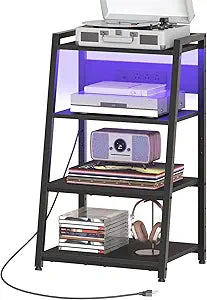 HOOBRO 4-Tier AV Media Stand with Charging Station and LED Light, Wooden Stereo Cabinet, Game Console Stand, Media Audio Tower Rack, Record Player, Small Entertainment Center, Black BB106UDCJ01