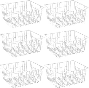 Redrubbit Wire Storage Baskets, Large Farmhouse Metal Freezer Basket Storage Organizer Bins with Handles for Kitchen Cabinets, Pantry, Closets, Bedrooms, Bathrooms, Set of 6, White