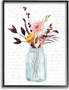 'Jar Of Flowers Autumn Red Fall Seasonal Design'| Framed Giclee Art