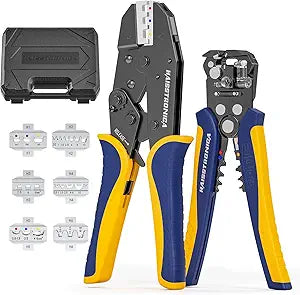 haisstronica 6 in 1 Crimping Tool Kit and Wire Stripper, Ratcheting Wire Crimper with 6 PCS Interchangeable Dies for Heat Shrink,Non-Insulated,Ferrule,Open Barrel,Insulated Connectors, men tool gifts