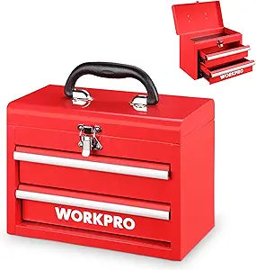 WORKPRO Portable Mini Tool Box, 2 Drawers Metal Tool Chest with Ball Bearing Slides, Top Storage with Latch, Ergonomic Carrying Handle, Mechanic Toolbox with PVC Liners and PP Feet Pads