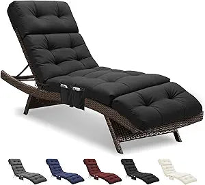 Outdoor Chaise Lounge Chair Cushion Waterproof 74.4 x 22 x 4.7 Inches Replacement Lounge Chair Cushions for Outdoor Furniture with Ties and Pocket, Thickened Pool Lounge Chair Cushions, Black