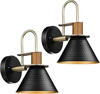Modern Wall Sconces Set of Two, HWH Industrial Sconce Wall Lighting Indoor Wall Lamp, 1-Light Barn Vanity Light, Hammered Metal Shade, Black and Gold Finish, 5HZG74B-2 BK+BG