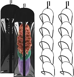 10 Pcs Wig Hangers Rack for Multiple Wigs, Dust-proof Storage Bag, Black