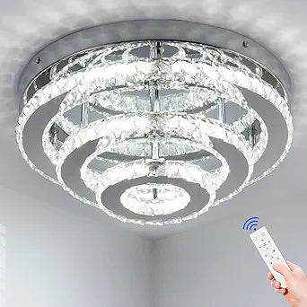 13.8 Inch Modern Crystal Chandeliers LED Crystal Ceiling Light 3 Tiers Ring Flush Mount Chandelier Ceiling Lights with Remote for Bedroom Living Room Kitchen Dimmable