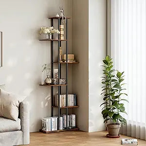 DGSANDGO 6 Tier Corner BookshelfSlim Open BookshelfSmall Book Shelf for Small SpacesLiving Room, Home Office, 9.45 x 20.8 x 62.2 Inches,1PC+Rustic Borwn