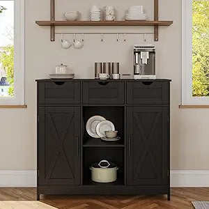 Viaozutis Storage Cabinet, Coffee Bar Cabinet with 2 Adjustable Shelves, 3 Drawers, and 2 Doors, for Bathroom, Kitchen, Living Room (Black)