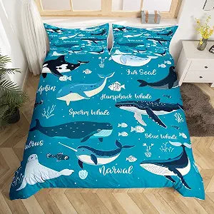 Erosebridal Whale Duvet Cover Twin for Kids Boys Girls,Coastal Sea Animal Fish Dolphin Seal Sea Lion Bedding Set,Beach Ocean Creatures Under The Sea Bed Set,Tropical Nautical Sea Marine Life Bed Sets