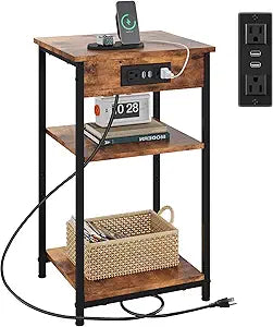 WLIVE End Table with Charging Station, Small Night Stand with Storage Adjustable Shelf, Side Tables for Small Spaces, Bedside Tables for Living Room, Bedroom, Rustic Brown