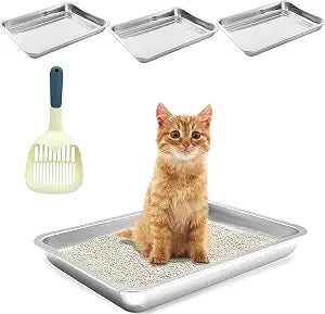 BNOSDM Shallow Metal Litter Tray 4 Pack Stainless Steel Litter Pan Low Entry Cat Litter Box Nonstick Open Top Cat Box for Kitten and Small Animals (17.7x13.8x1.9 Inch)