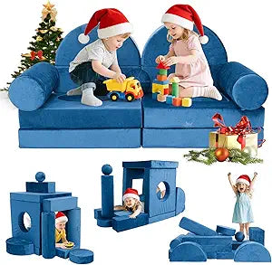 13pcs Kids Modular Play Couch - High-Density Foam Play Sofa, Convertible Playroom Furniture with Soft Washable Velvet Cover & Zipper Head Protector, DIY Fort Building Cushion Set for Playroom (Blue)