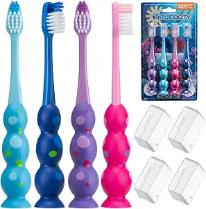 Trueocity Kids Toothbrush Set 4 Pack - Soft Bristles with Suction Cup and Cover - Kids Tooth Brush, Child Sized Head, Ages 3-10, Toddler Toothbrush, Girl and Boy (Pink, Purple, Blue)
