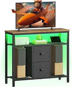 YATINEY TV Stand with LED Lights, Dresser TV Stand, Tall Entertainment Center with 2 Fabric Drawers, TV Media Console Table, for Living Room, Bedroom, Black and Rustic Brown DS10DBR