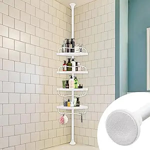 Corner Shower Caddy Tension Pole, Rustproof Bathtub Storage Organizer with 4 Adjustable Shelves, Bathroom Shower Rack Shampoo Holders for Inside Shower, 40"-120" Floor to Ceiling Shower Caddy White