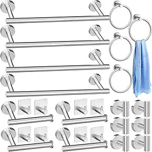 Blulu 28 Pcs Bathroom Hardware Set Stainless Steel Bathroom Accessories Set, Including 16'' Bath Towel Bar, Towel Rings, Robe Hooks, Toilet Paper Holders, Wall Mounted (Silver)