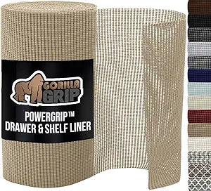GORILLA GRIP powerGRIP Drawer Shelf and Cabinet Liner, Thick Strong Hold, Non-Adhesive Liners Protect Kitchen Cabinets and Cupboard, Bathroom Drawers, Easy Install, Breathable Mat, 12" x30', Beige