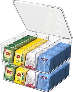 Tea Bag Organizer with Lid: Plastic Storage Bin - 16 Compartments with Removable Dividers, Stackable Pantry Storage Box for Drawers, Countertops, Fridge, Kitchen (2 Pack)