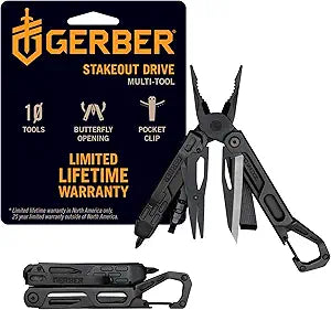 Gerber Gear Stakeout Drive - 10-in-1 Butterfly-Opening Multitool with Needlenose Pliers, Oversized Flip Bit Driver, Plain Edge Blade, Chisel, Bottle Opener, Pocket Clip & Carabiner Carry - Black