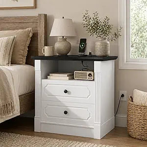 24" Farmhouse Nightstand w/Charging Station, Wide End Table w/2 Drawers & Roman Column, Mid Century Bedside Table for Bedroom, Large Sofa Side Table Living Room, Antique White, Set of 1