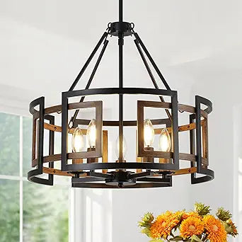20" Dining Room Light Fixture/Chandelier Over Table, 5-Light Black & Wood Grain Farmhouse Chandeliers for Dining Room, Industrial Metal Hanging Pendant Lights Fixture for Kitchen Island Foyer Entryway