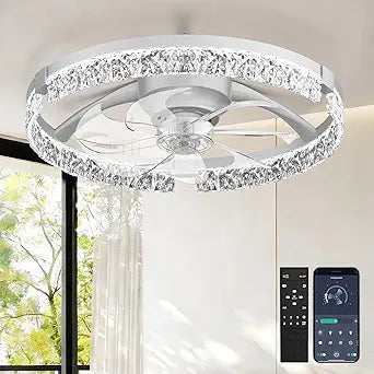AIKVSXER 20" Low Profile Ceiling Fan with Light and Remote, Dimmable LED Flush Mount Ceiling Fan, 6 Speeds, White Modern Design for Bedroom/Living Room White-Crystal